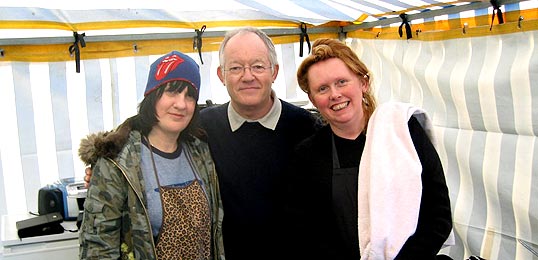 With master chefs Rachel and Christine in a makeshift kitchen.